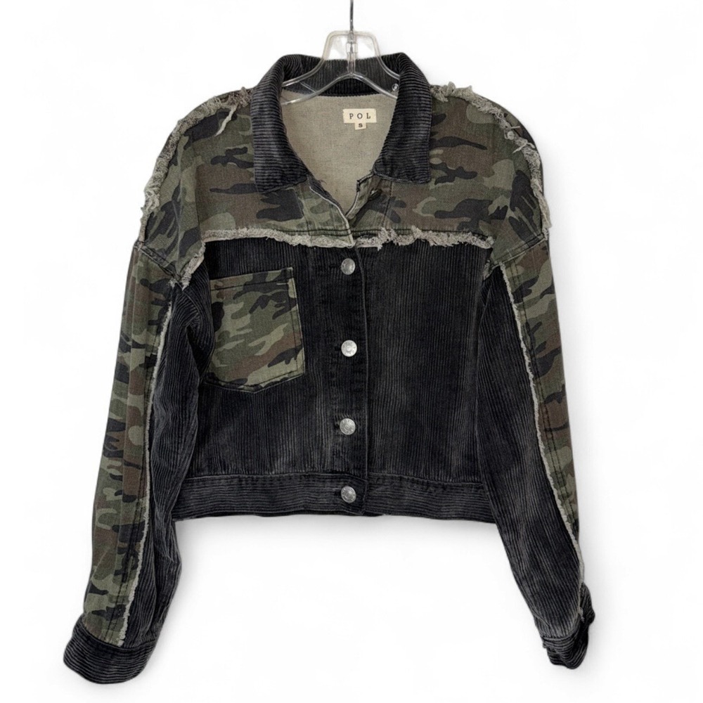 POL Camo Corduroy Jacket Womens S Cropped Distressed Grunge Utility Patchwork